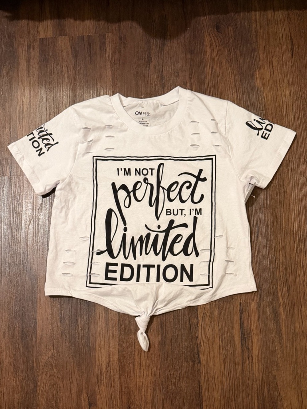 On Fire White Short Sleeve Graphic Tee with Front Tie